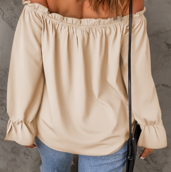 Cream Frill Trim Off-Shoulder Flounce Sleeve Blouse - Picture 3 of 3